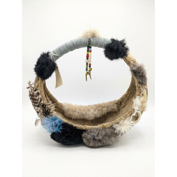 Crescent Other - Vintage Hand-Woven Crescent Art Basket with Mixed Fur, Feathers & Beads